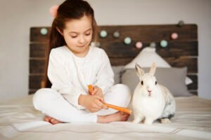 Girl feeding her rabbit on the bed